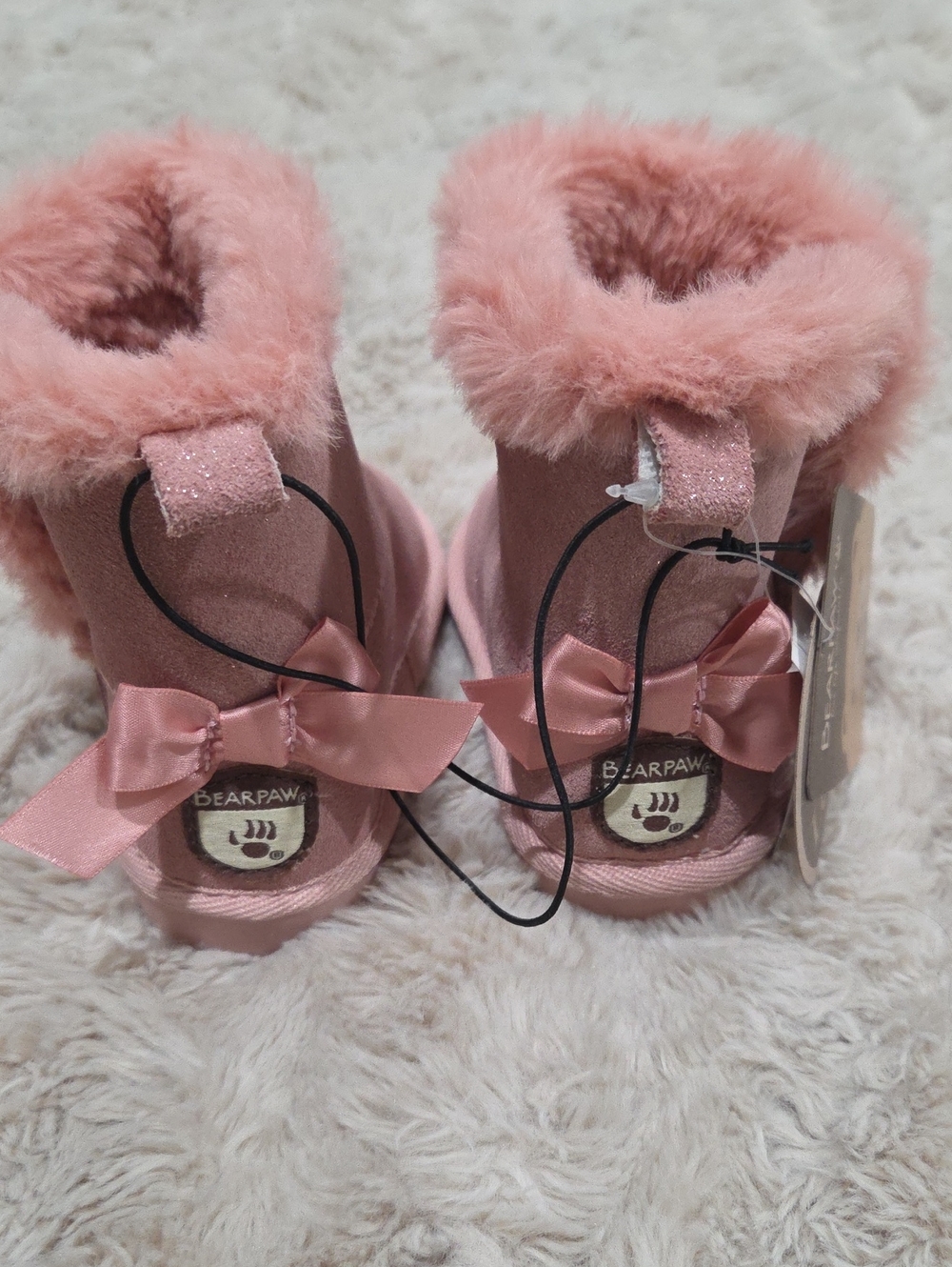 BearPaw Kids Pink Faux-Fur Bow Booties